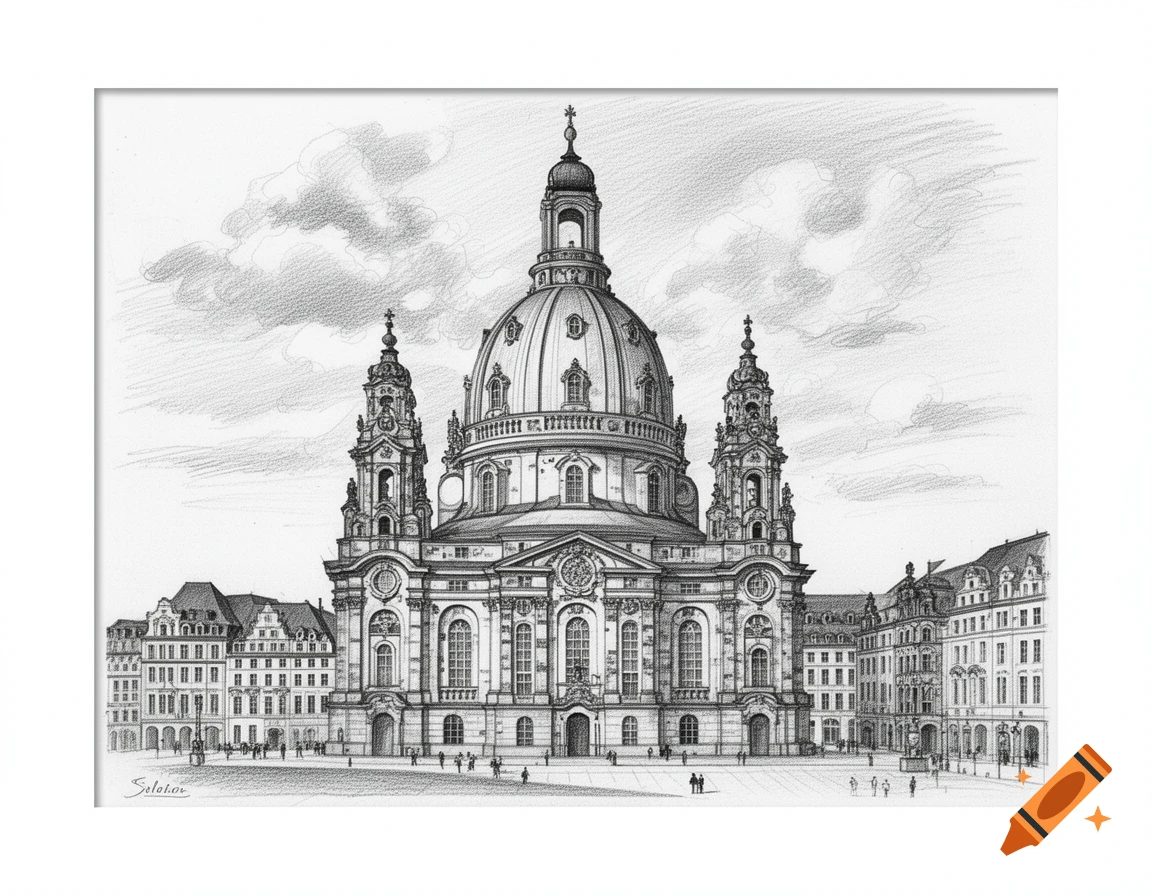 A detailed black and white pencil sketch of the Dresden Frauenkirche, a grand domed church with two spires, in a city square.
