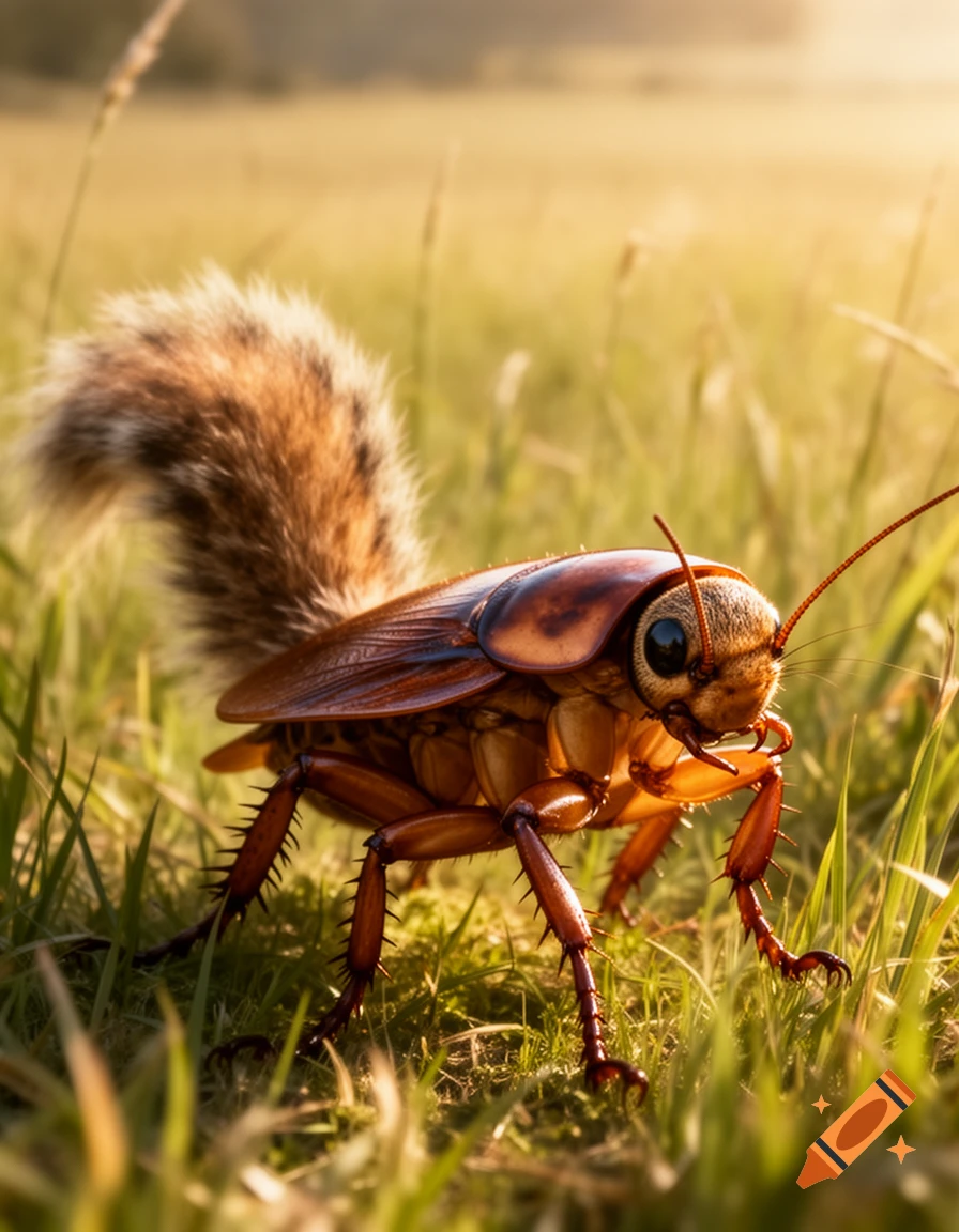 Photorealistic close-up of a cockroach body with a fluffy squirrel tail standing in tall green grass.