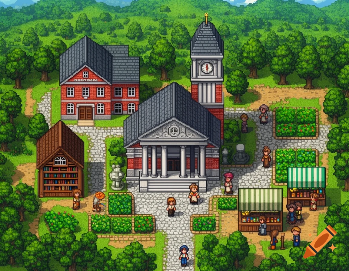 Overhead pixel art view of a bustling village with a school, library, town hall, shops, and gardens, surrounded by trees.