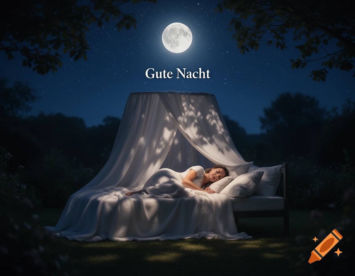 Photorealistic image of a woman sleeping in an outdoor canopy bed under a full moon and starry night sky with "Gute Nacht" text.