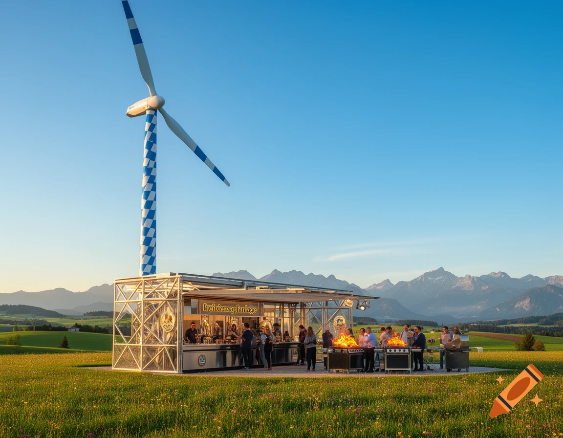 A wind turbine with a blue and white checkered mast stands beside an outdoor beer and grill station with people in a green field with mountains.