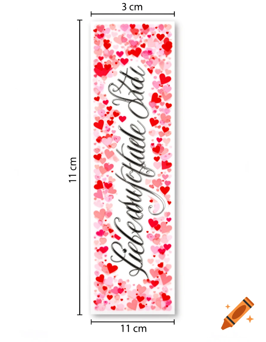 A white bookmark, 3 cm wide and 11 cm high, covered in pink and red hearts, featuring the black cursive text 'Liebe auf den ersten Satz' (Love at first sentence).