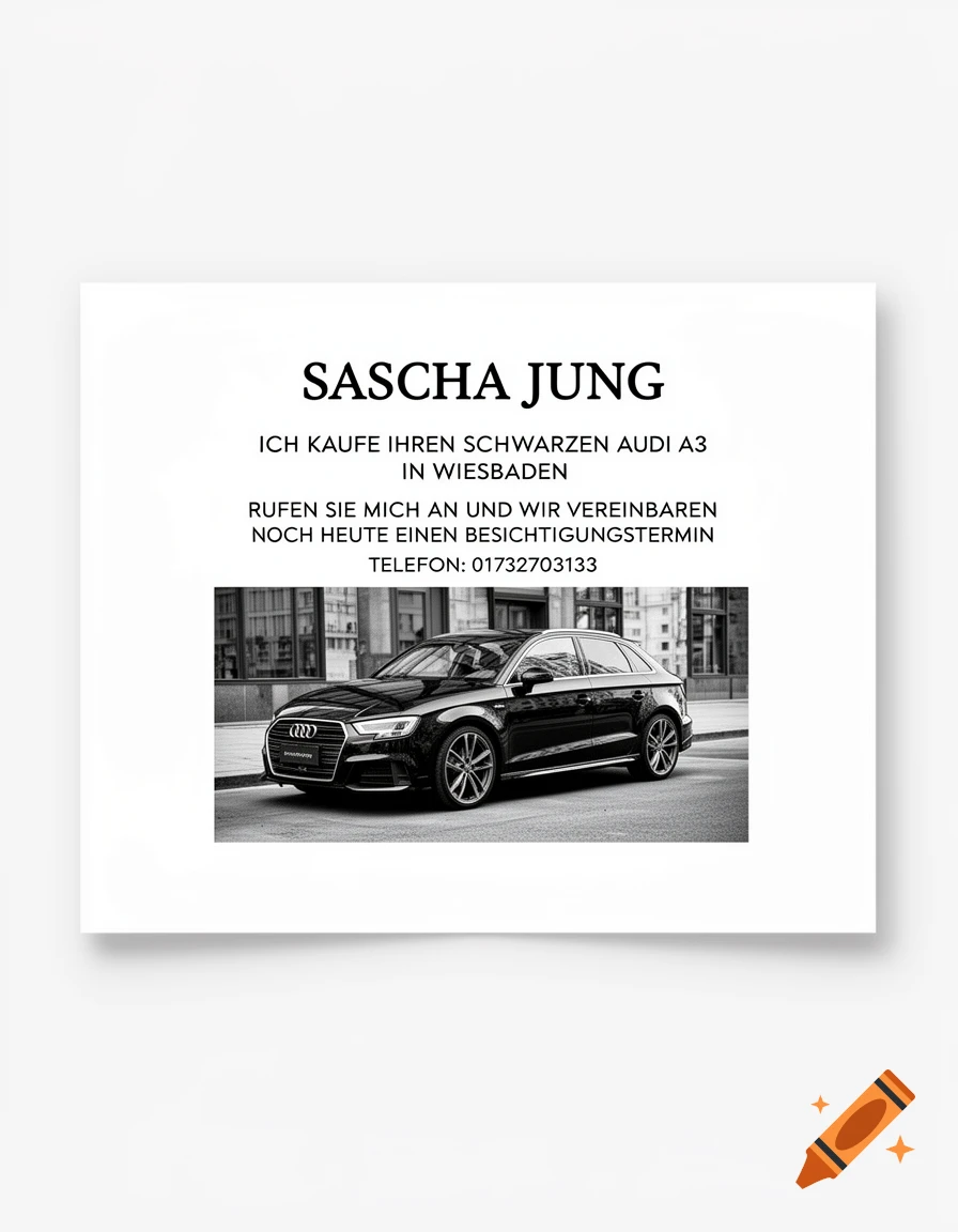 A black Audi A3 is depicted on a white card with German text for Sascha Jung's car buying service, including a phone number.