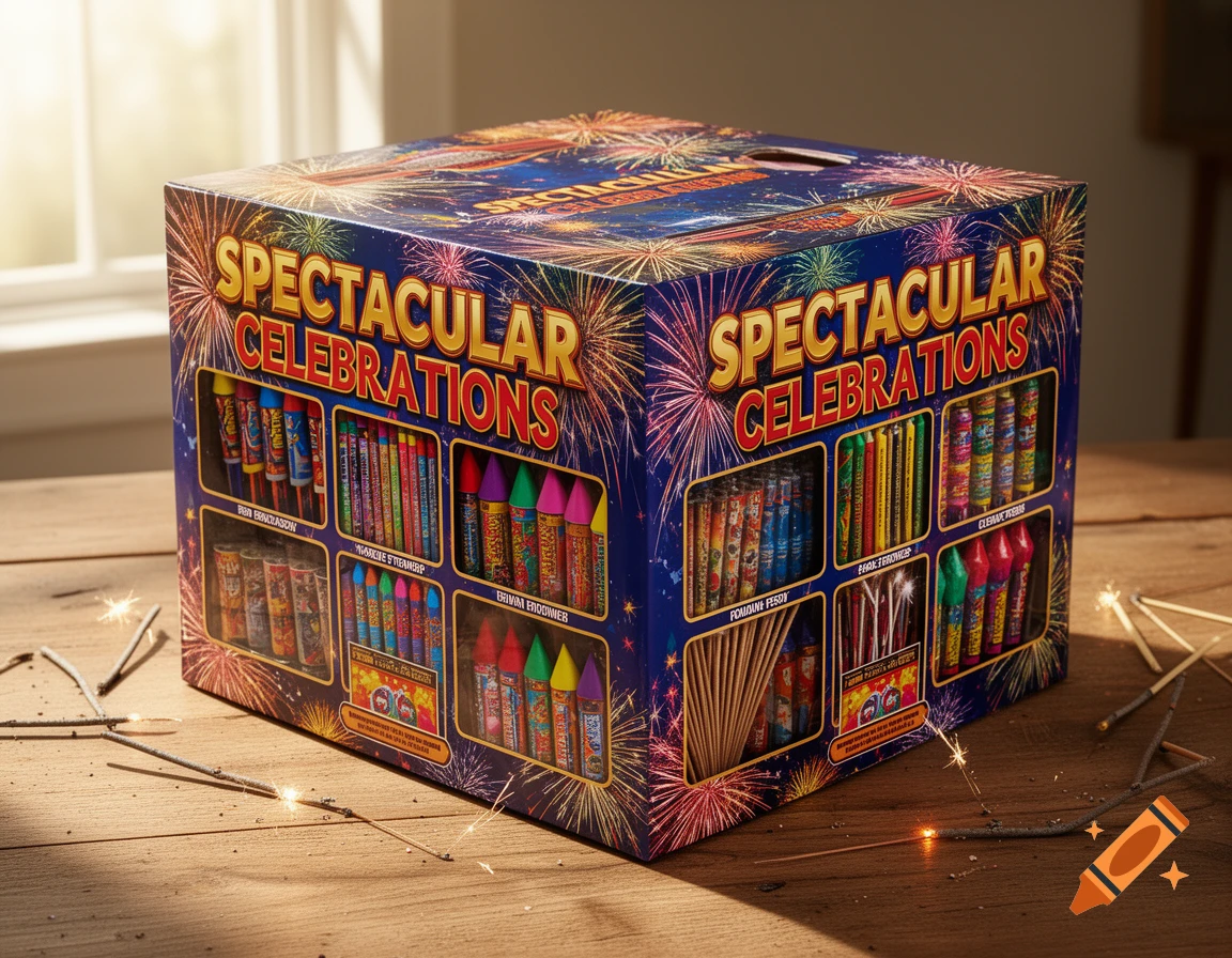 A photorealistic image of a large box of "Spectacular Celebrations" fireworks on a wooden table with lit sparklers around it.