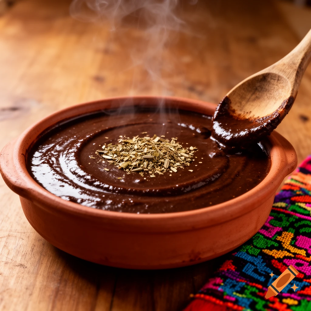 Steaming mole sauce in a terracotta bowl with dried herbs, a wooden spoon, and a colorful woven cloth on a wooden table.