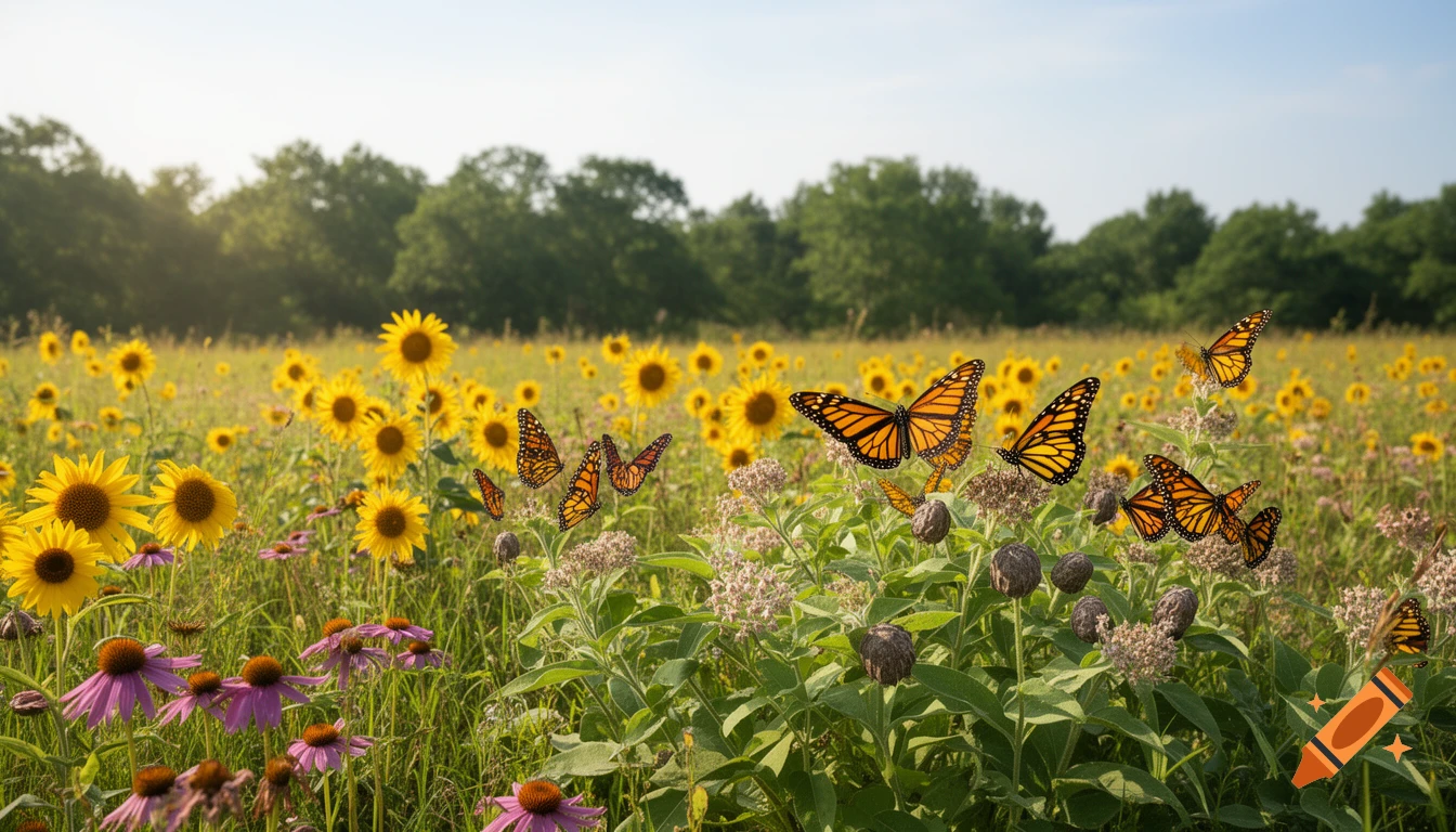 Vibrant prairie field with golden sunflowers, purple coneflowers, and green milkweed. Monarch butterflies flutter under a bright sun.