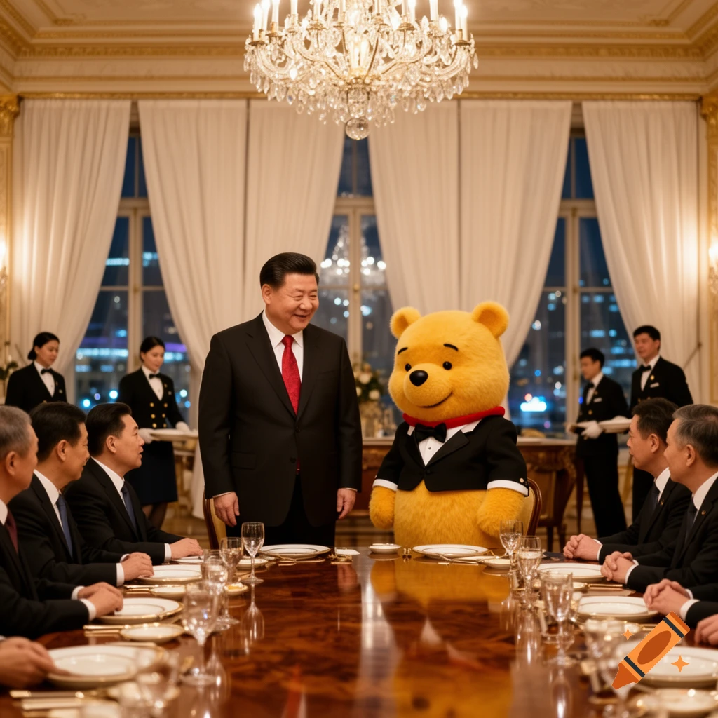 Photorealistic image of Chinese President Xi Jinping and Winnie the Pooh in suits, standing at a formal dinner table with other guests.