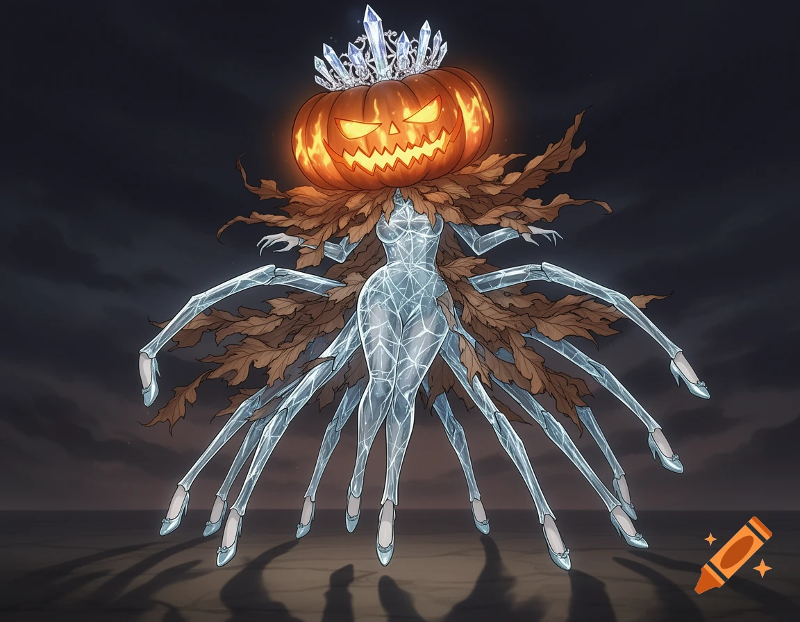 A fantasy monster with a glowing jack-o'-lantern head, crystal tiara, cracked glass body, dry leaf dress, and twelve glass-slippered legs.