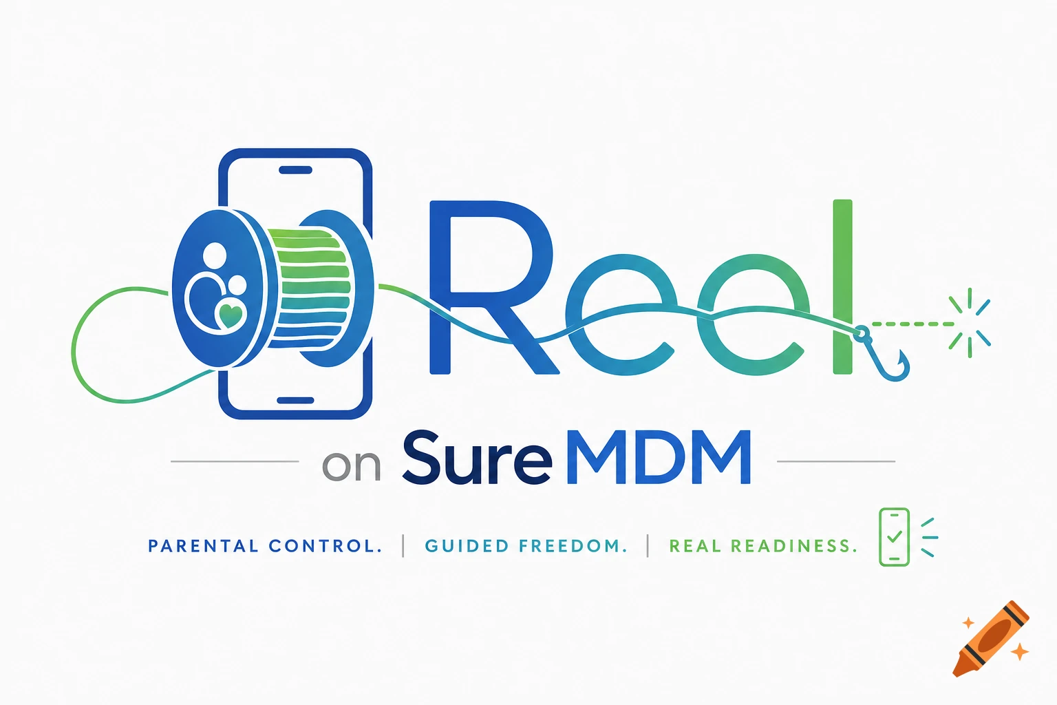 A modern logo for 'Reel' parental control app, featuring a smartphone, fishing reel, and line forming text, with tagline.