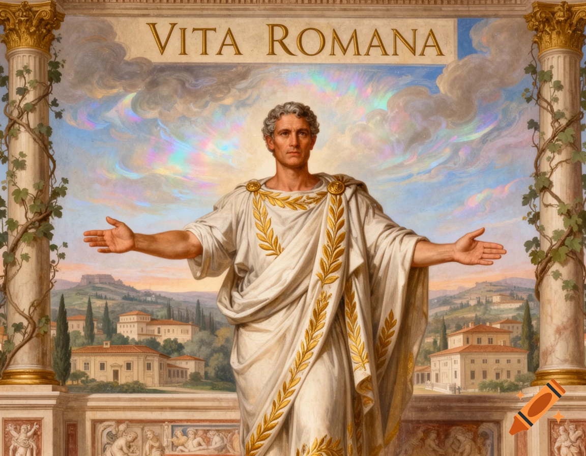 A man in a Roman toga with outstretched arms, standing before a classical fresco with a landscape and 'VITA ROMANA' text.