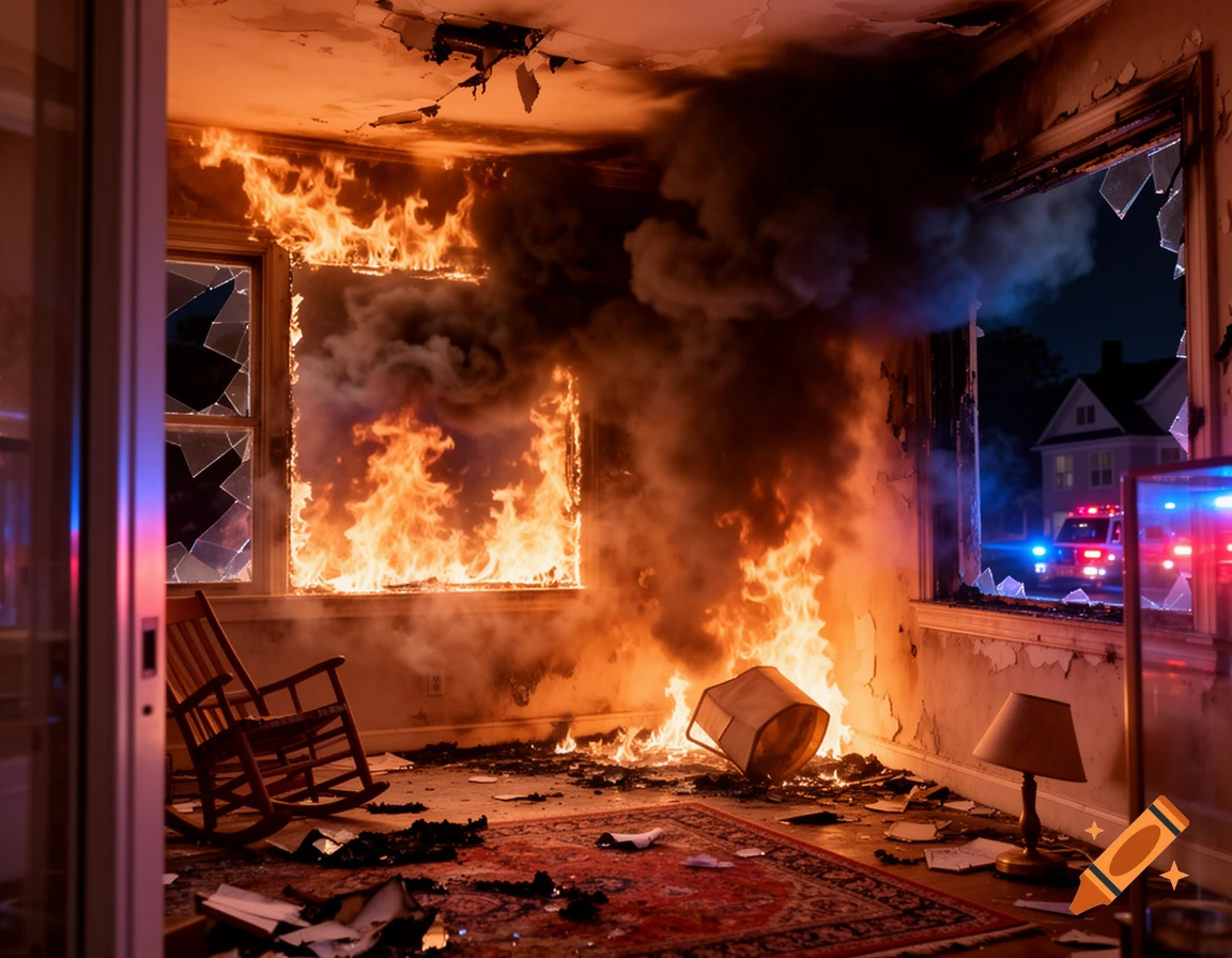 A photorealistic image of a house interior on fire at night, with flames in windows, smoke, and an emergency vehicle outside.