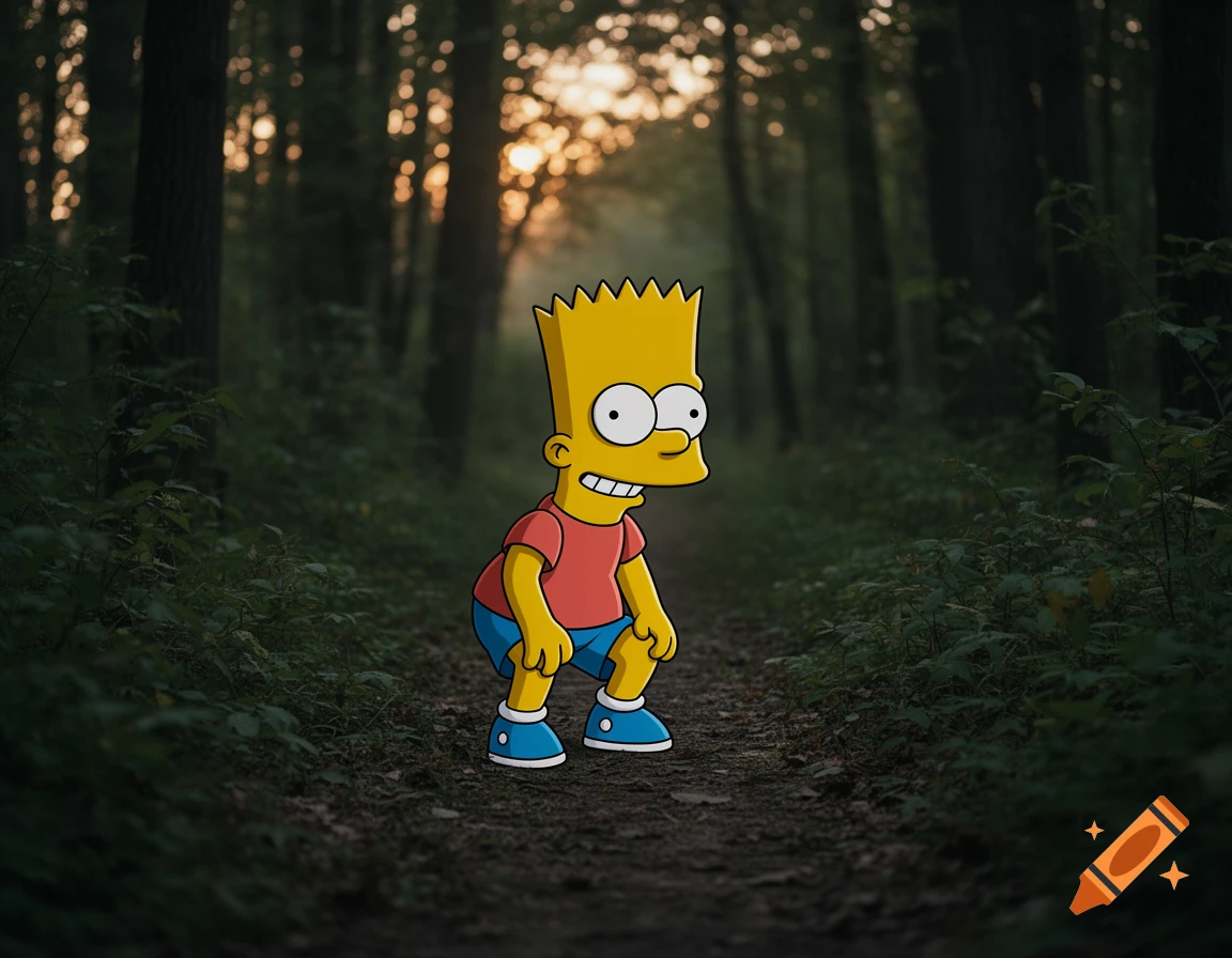 Bart Simpson from The Simpsons stands in a photorealistic forest on a dirt trail, illuminated by sunlight.