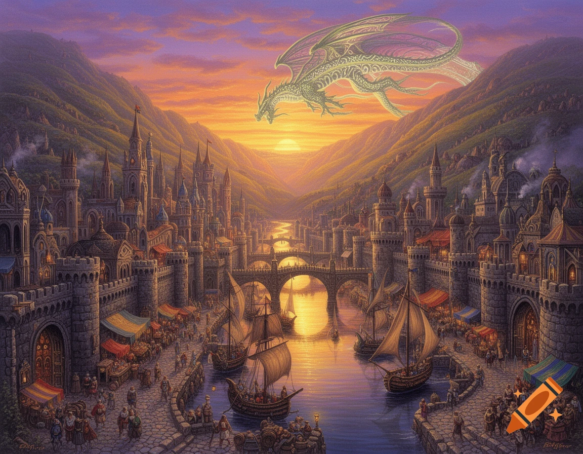A detailed fantasy painting of a vast city on a river at sunset, with a green dragon flying above mountains and busy market stalls.