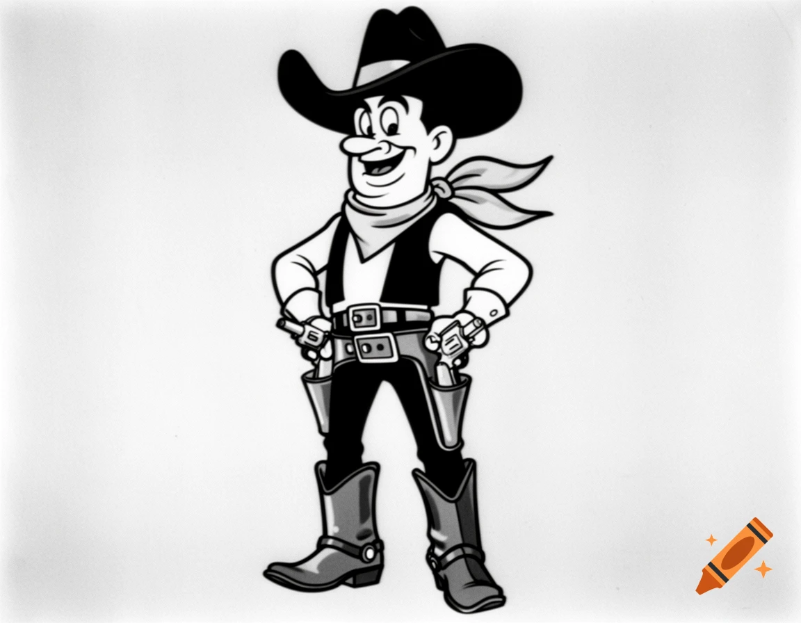 A black and white cartoon cowboy stands smiling, wearing a hat, bandana, vest, and boots, with two revolvers in holsters.