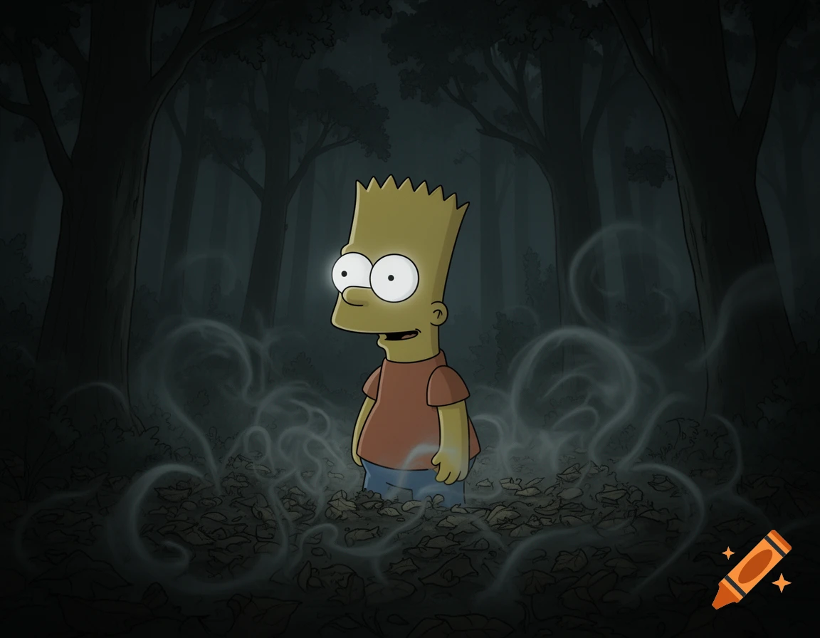 Bart Simpson stands in a dark, spooky cartoon forest, surrounded by swirling mist.