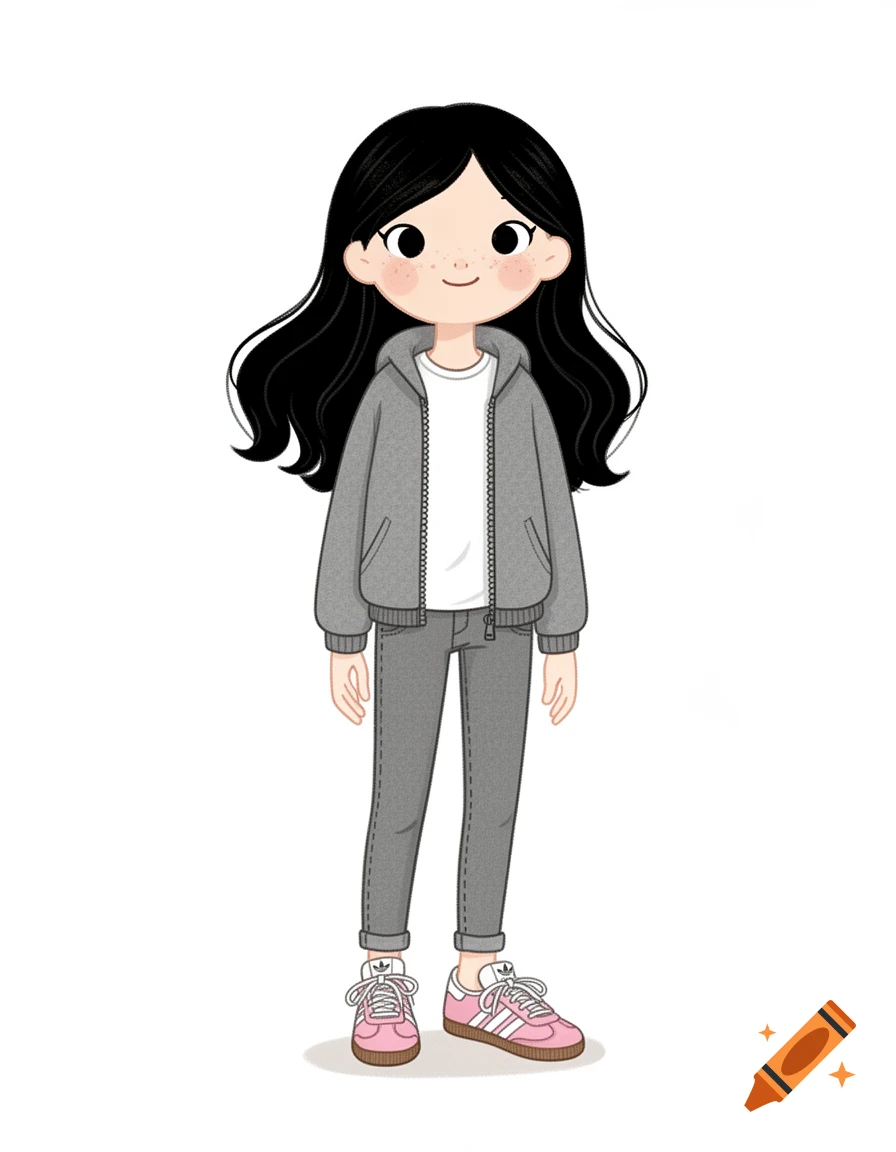 A cartoon girl with black hair wearing a grey zip-up jacket, white t-shirt, grey jeans, and pink Adidas shoes.