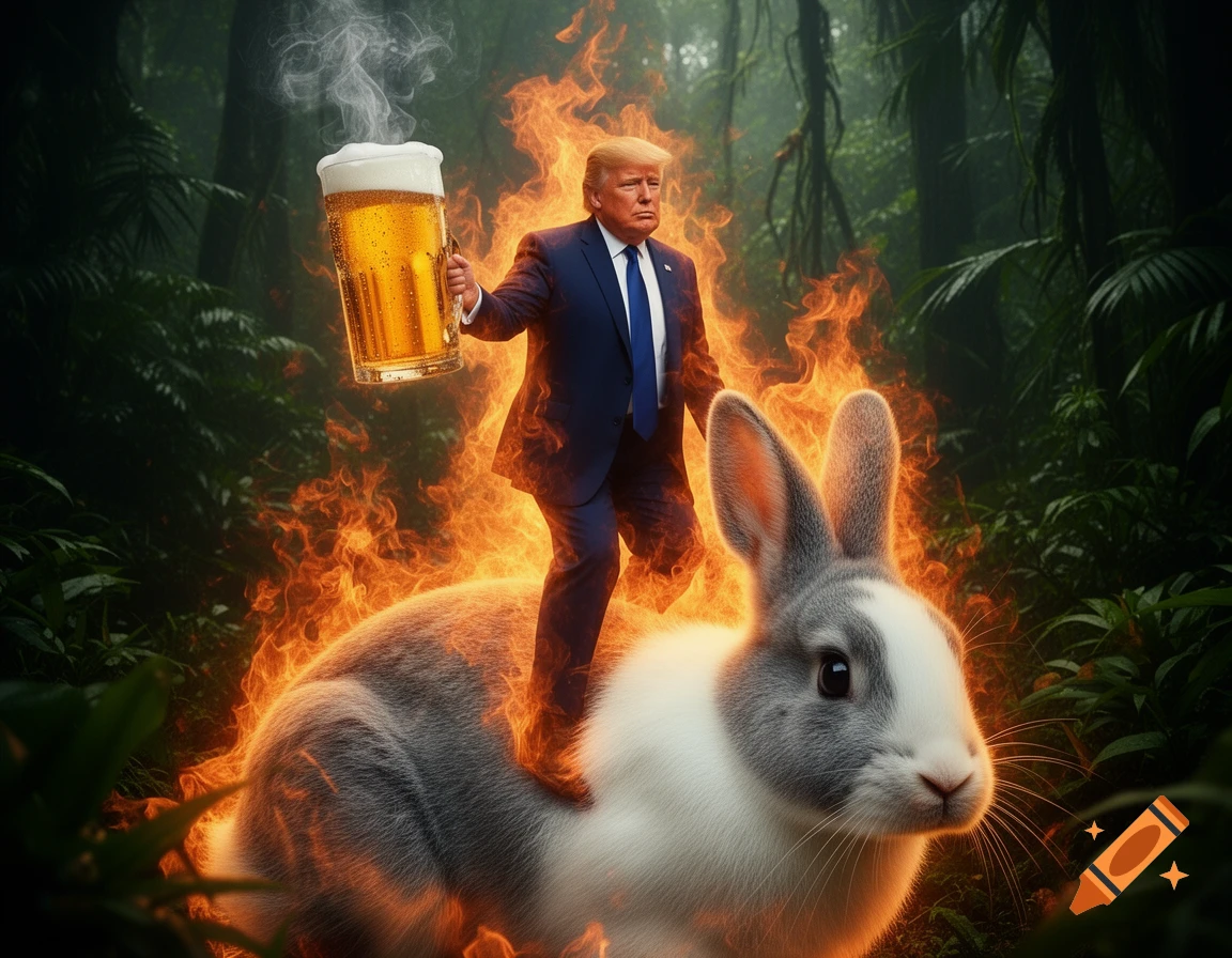Donald Trump, engulfed in flames, rides a giant white and grey rabbit through a jungle, holding a large glass of beer.