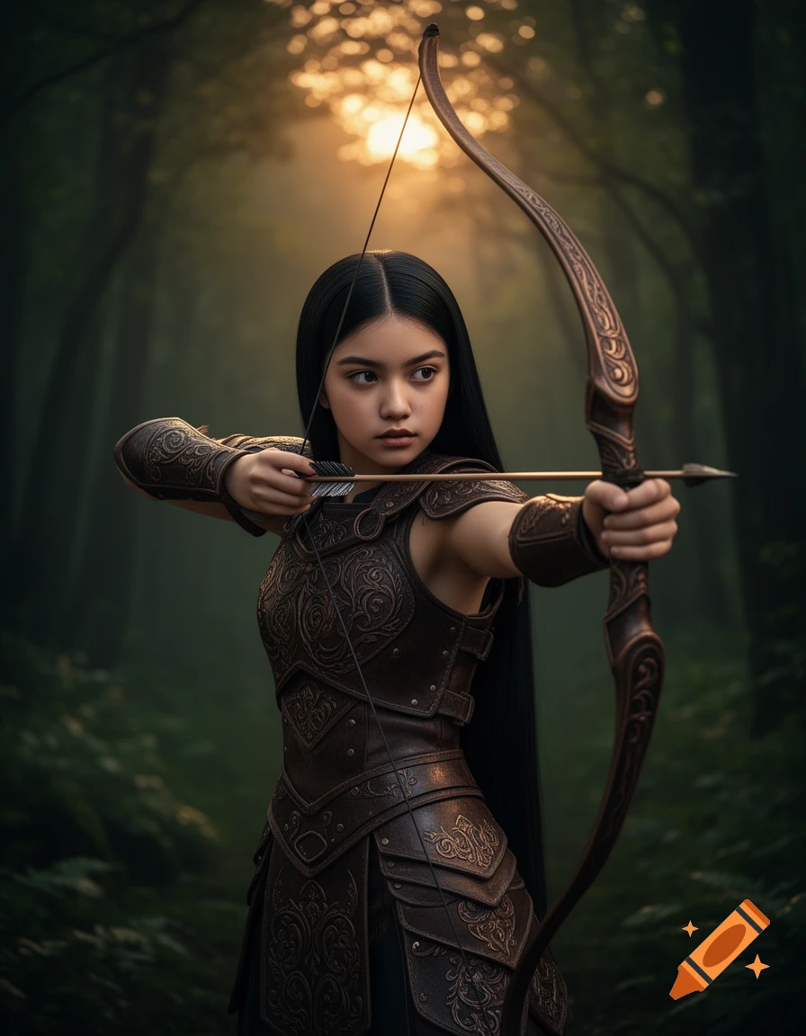 A young female warrior in intricate leather armor aims a bow and arrow in a sunlit fantasy forest.