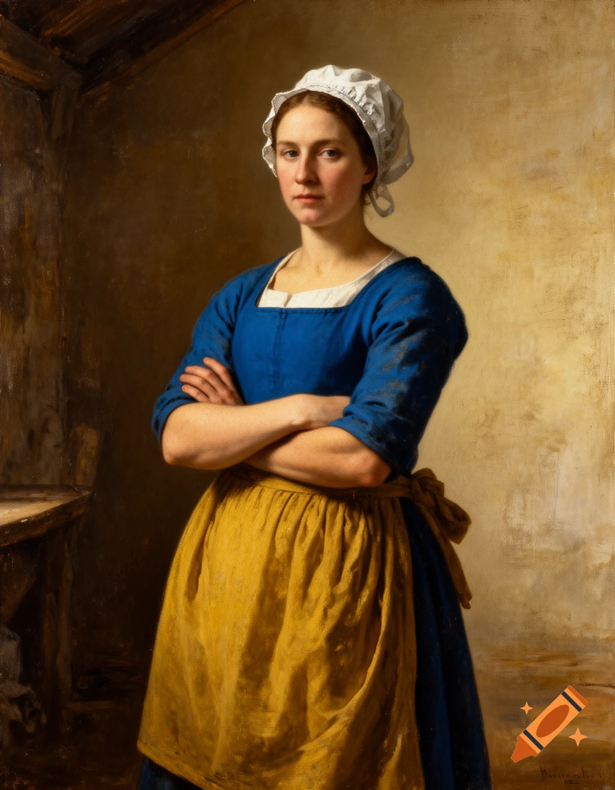 A painting of a young woman with a white cap, blue top, and yellow apron, standing with arms crossed.