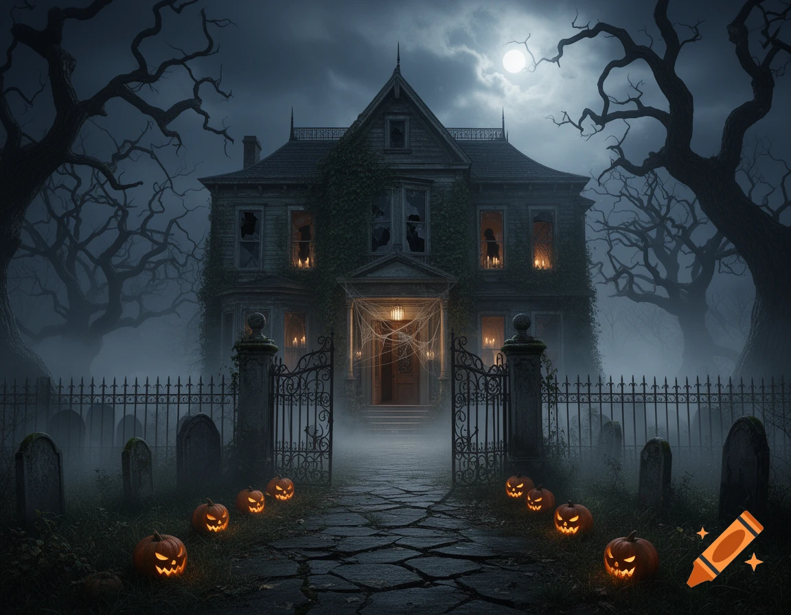 A spooky haunted house on a misty night with a full moon, surrounded by bare trees, gravestones, and glowing jack-o'-lanterns leading to the gate.