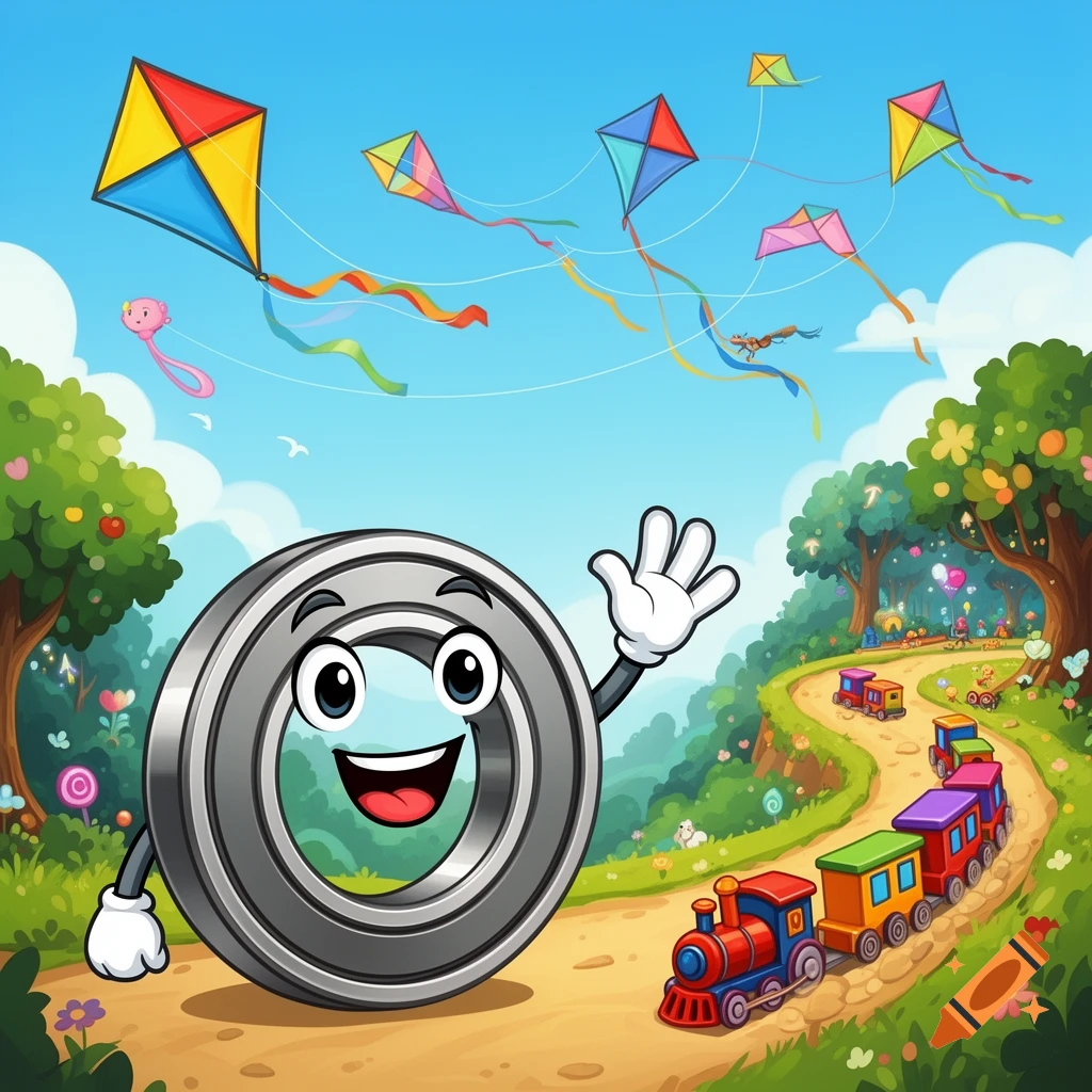 A smiling, waving cartoon bearing character on a dirt path in a whimsical landscape, with colorful kites and a toy train.