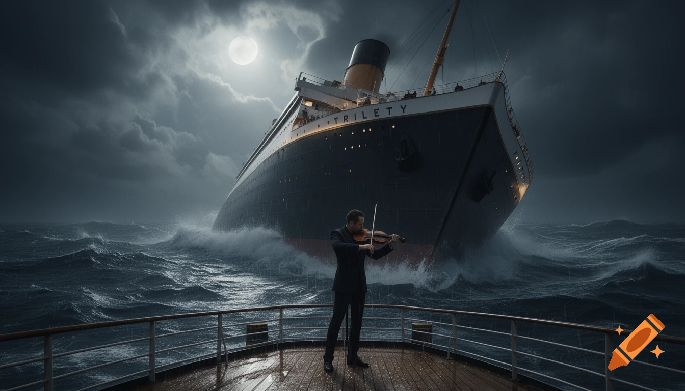 A man plays a violin on a ship's deck as a massive ship named TRILETY sinks in a stormy sea under a full moon, photorealistic.