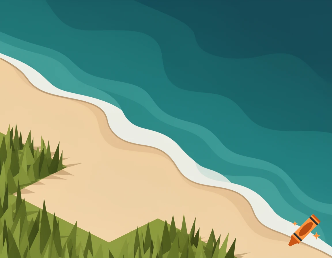 Isometric 2D illustration of a beach with teal ocean waves crashing on the sandy shore next to green low-poly grass.