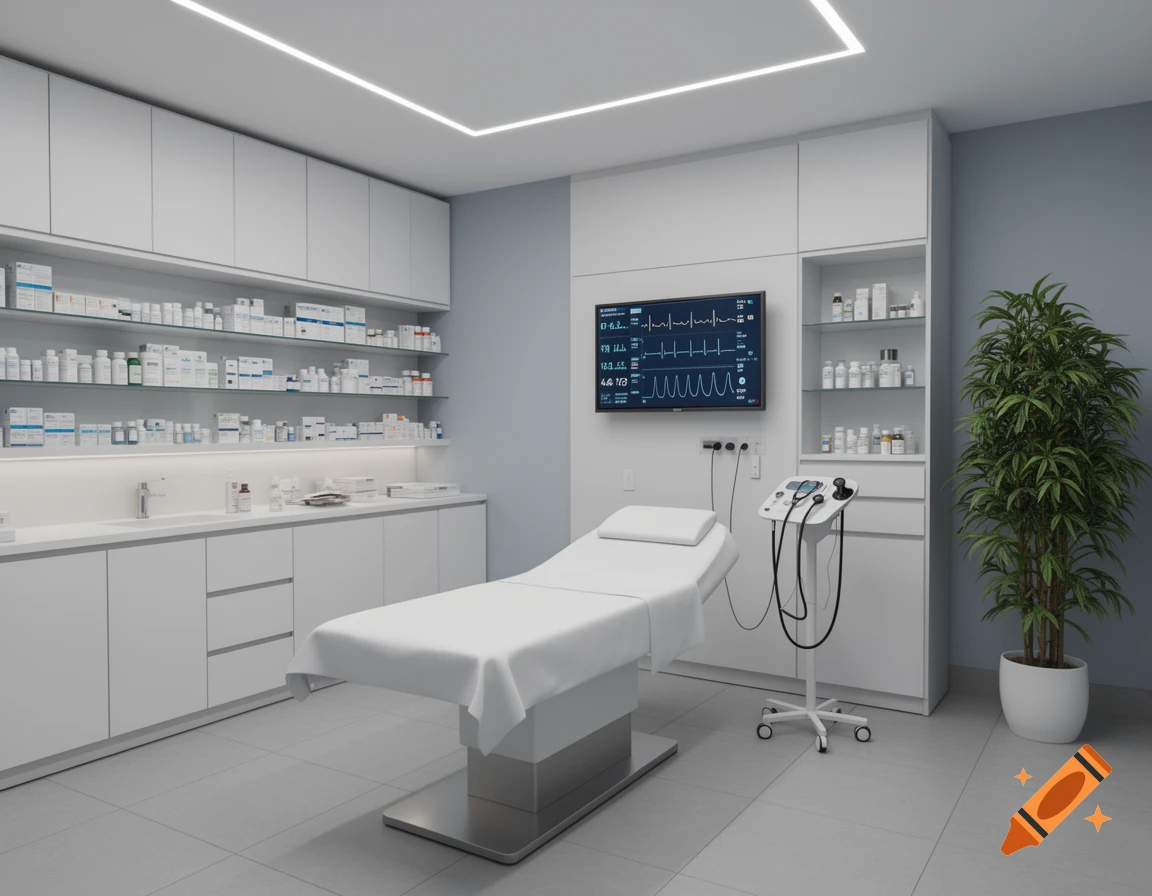 A modern, clean medical examination room with a white exam bed, a wall-mounted monitor displaying vital signs, shelves filled with various medical supplies and bottles, and a large green potted plant in the corner.