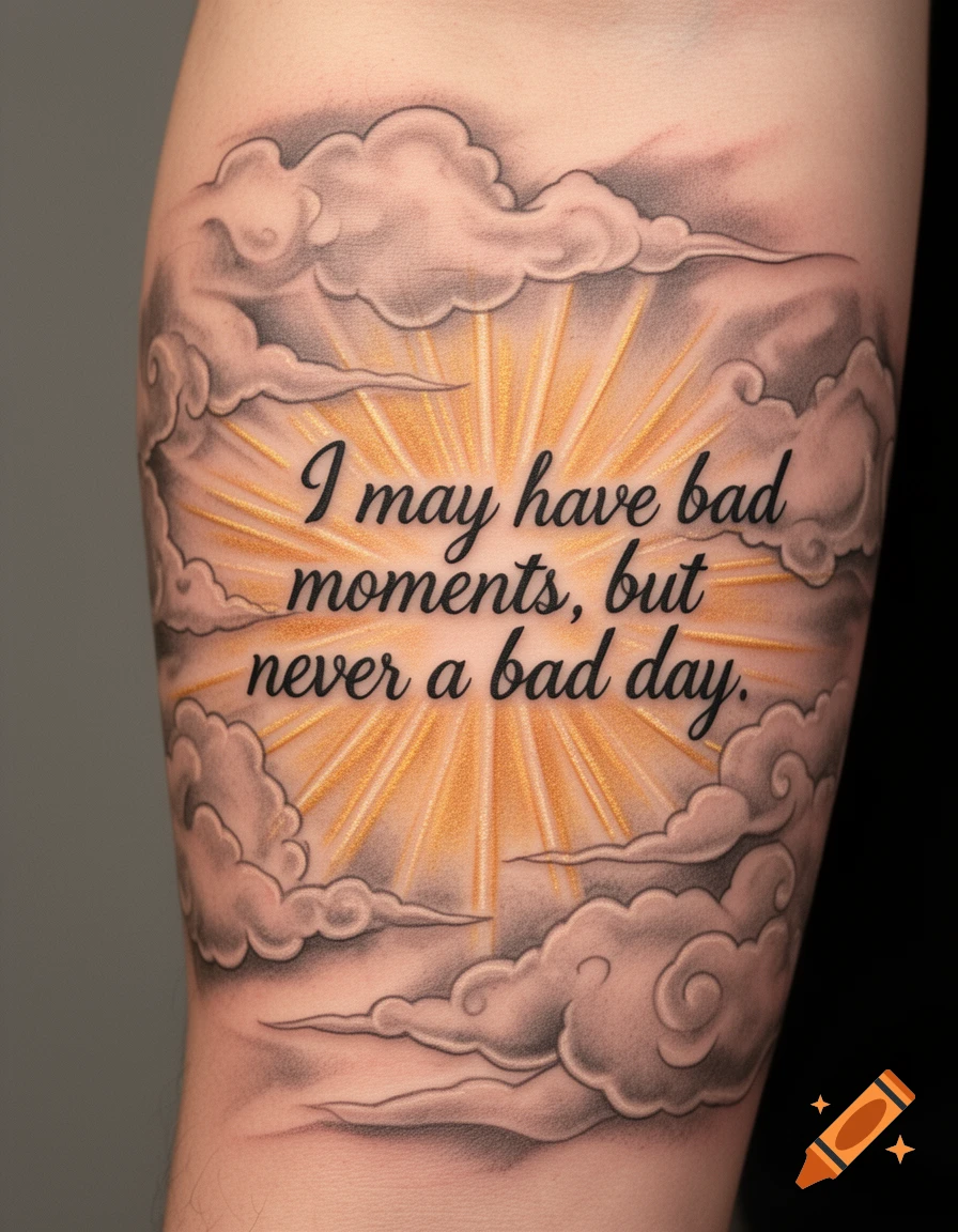 A forearm tattoo features clouds framing golden sun rays, with the quote "I may have bad moments, but never a bad day." in elegant cursive.