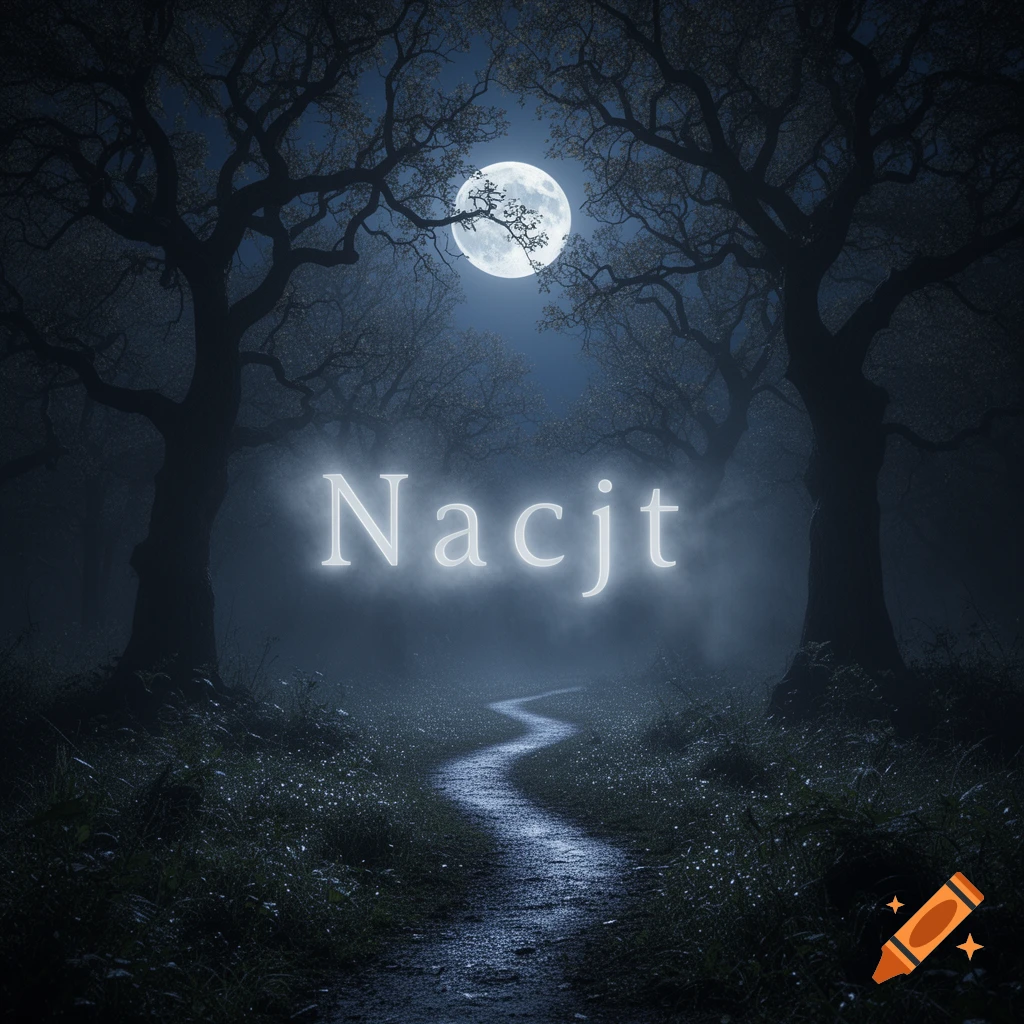 A glowing word "Nacjt" above a winding path in a mystical, moonlit forest with silhouetted trees.