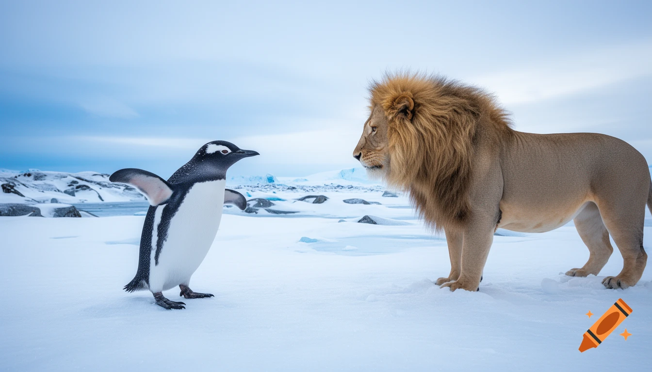 A photorealistic image of a penguin and a lion standing on a snowy, icy plain, facing each other under a blue sky.