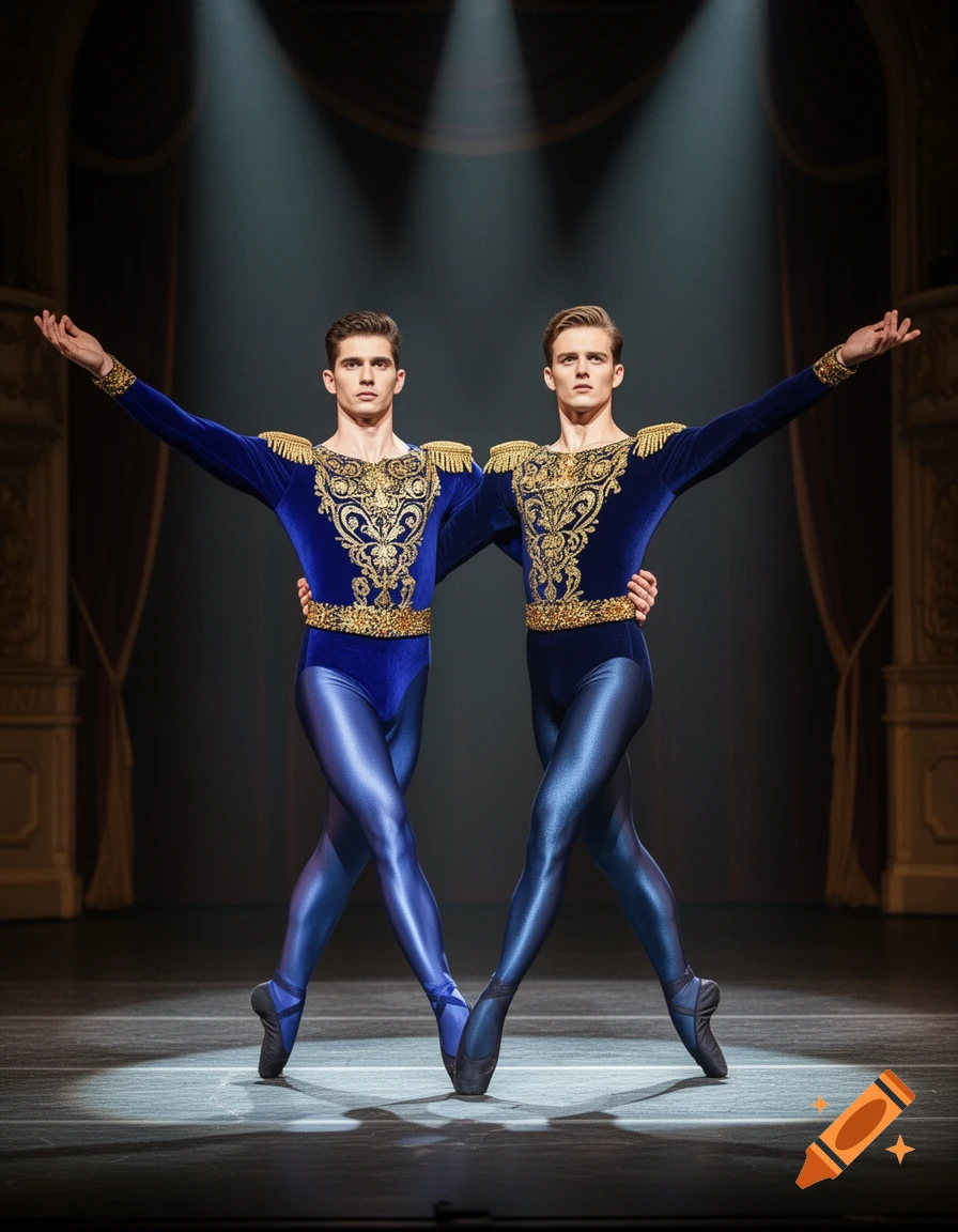 Two male ballet dancers in ornate blue and gold costumes strike a graceful pose on a spotlighted stage.