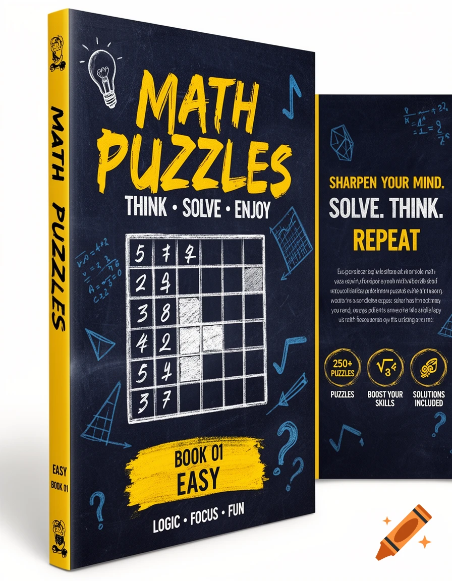 A mock-up of a math puzzle book cover with a chalkboard aesthetic, featuring yellow text 'MATH PUZZLES' on a dark blue background.