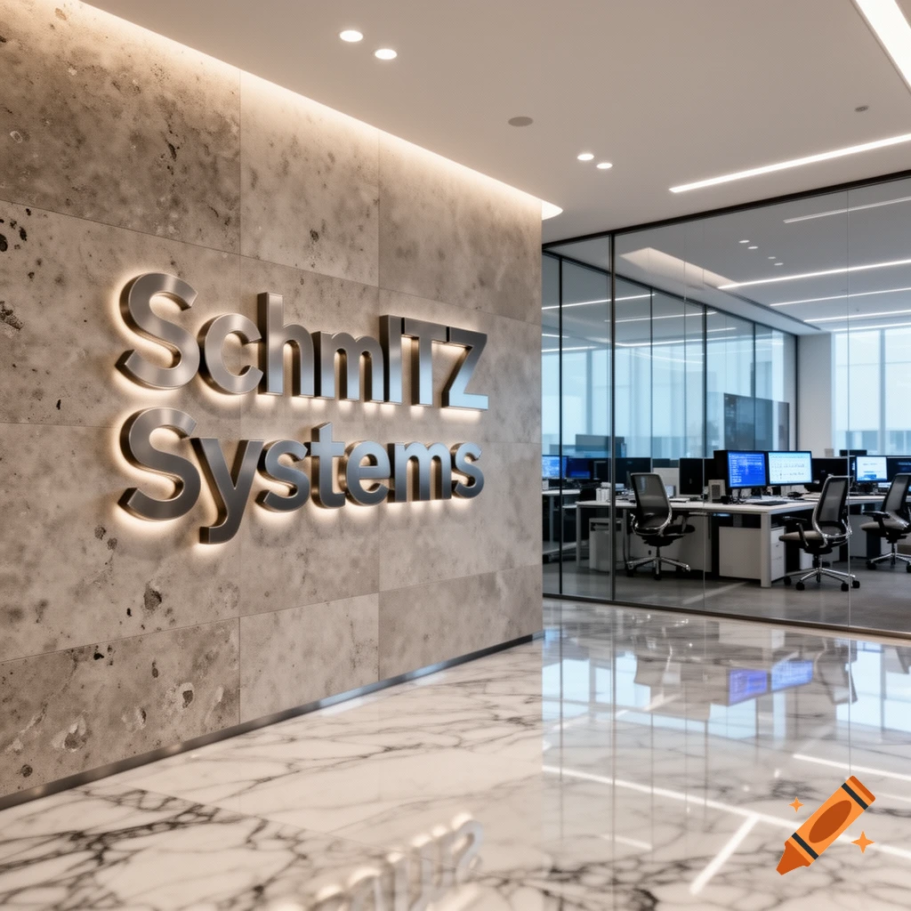 Photorealistic modern office lobby with a backlit 'SchmITz Systems' sign on a textured stone wall, and an open-plan office visible through a glass partition.