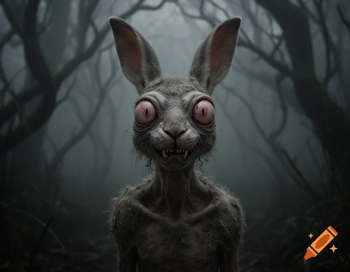 A creepy, emaciated rabbit-like creature with large red eyes and sharp teeth stands in a dark, foggy forest. Photorealistic.