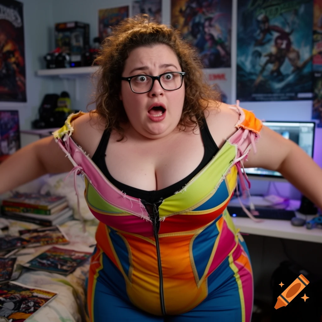 A chubby, nerdy woman with curly hair and glasses looks shocked, wearing a colorful, ripped cosplay suit over a black bra in a messy room with comic book posters.