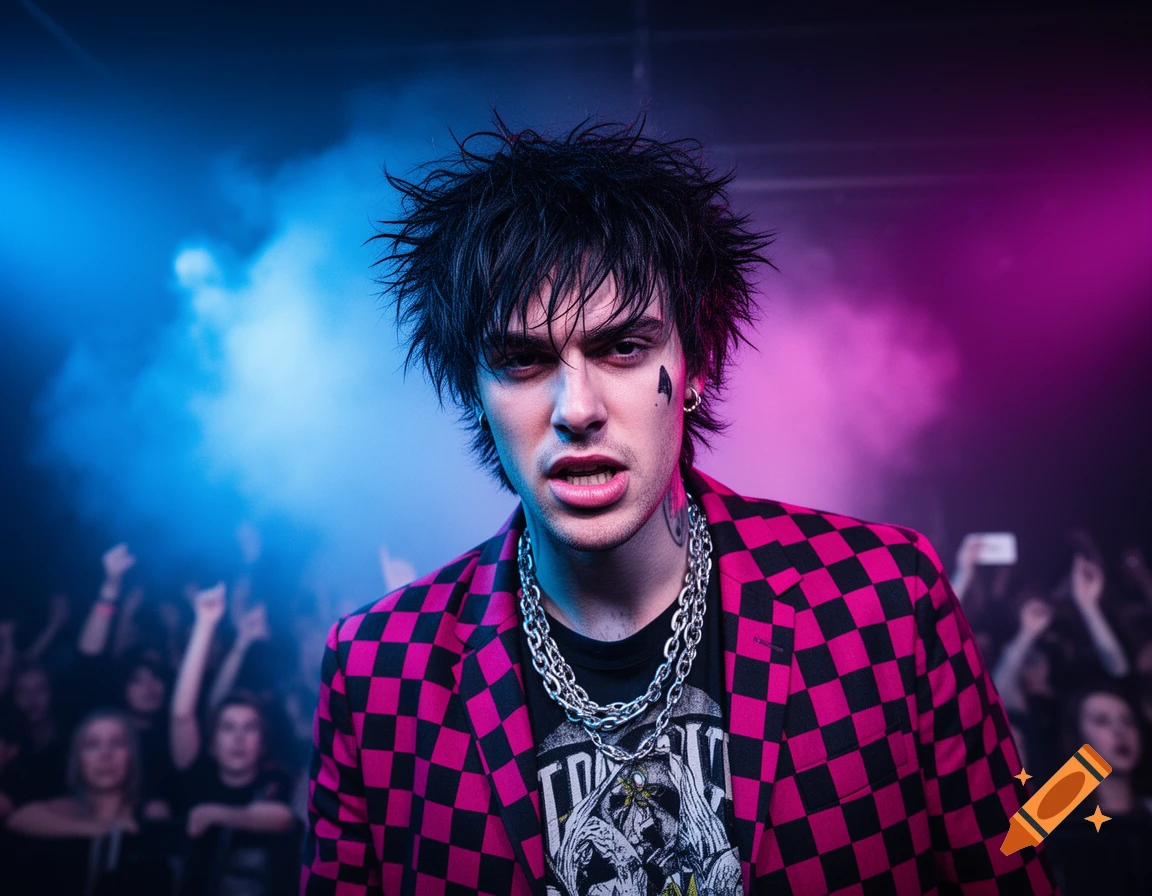 A male punk-rock musician with messy dark hair, a pink and black checkered jacket, and chains stands before a blurry concert crowd bathed in blue and magenta lights.