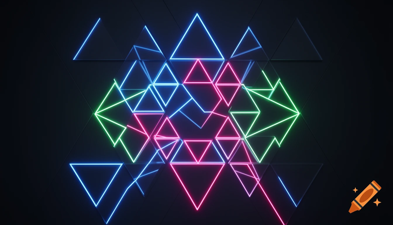 Abstract geometric pattern with glowing blue, green, and pink neon triangles on a dark background.