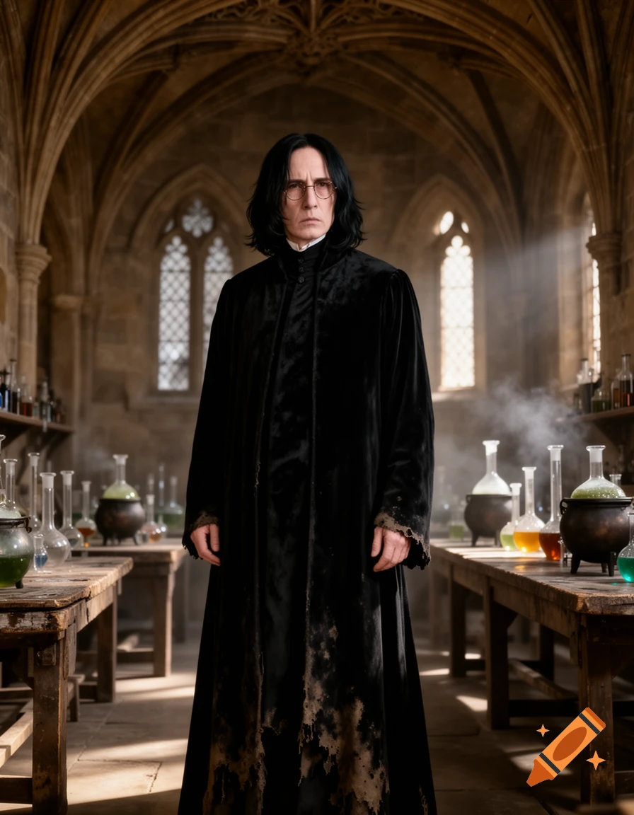 Photorealistic portrait of Severus Snape in a dark potions classroom, wearing a black robe and glasses, looking stern.