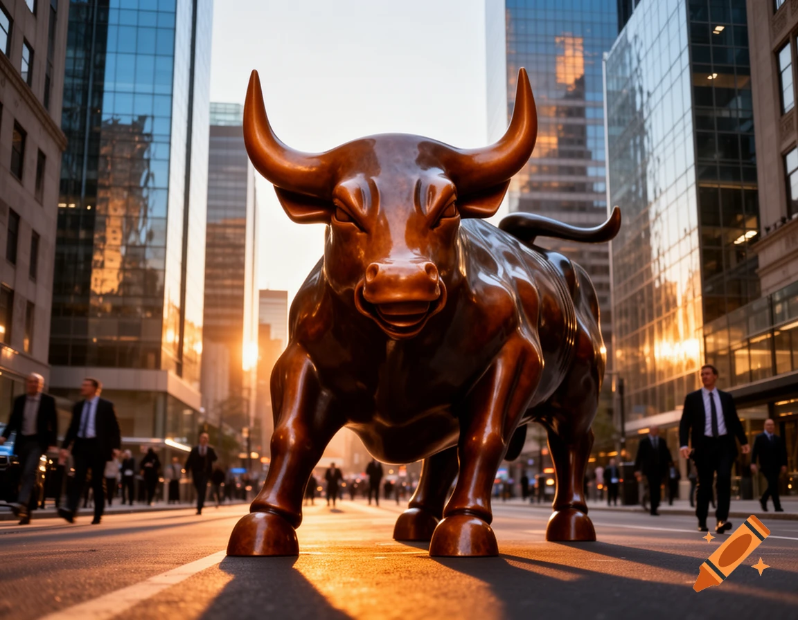 A large bronze bull statue stands in the middle of a city street at sunset, with tall buildings and pedestrians in the background.