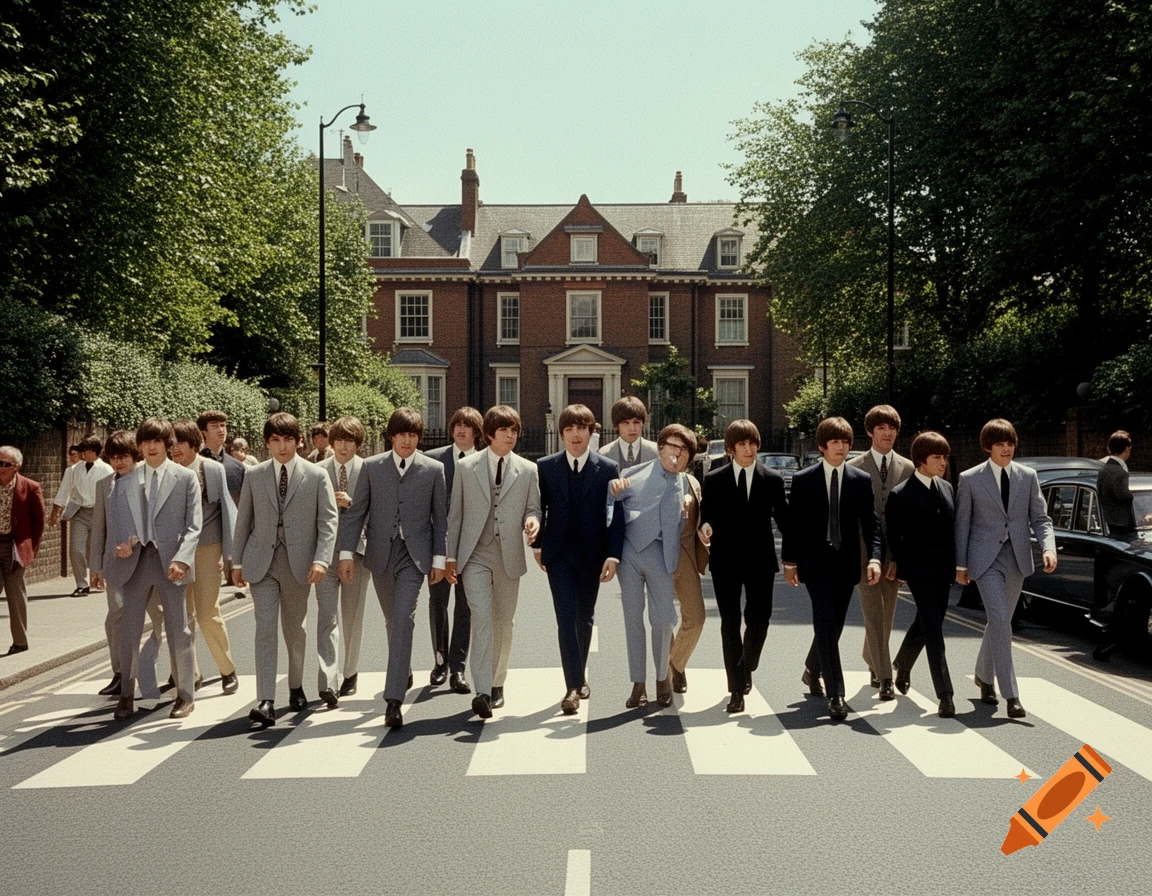 A large group of men in suits, resembling The Beatles, walk across a zebra crossing on a sunny street, with a large brick building in the background.
