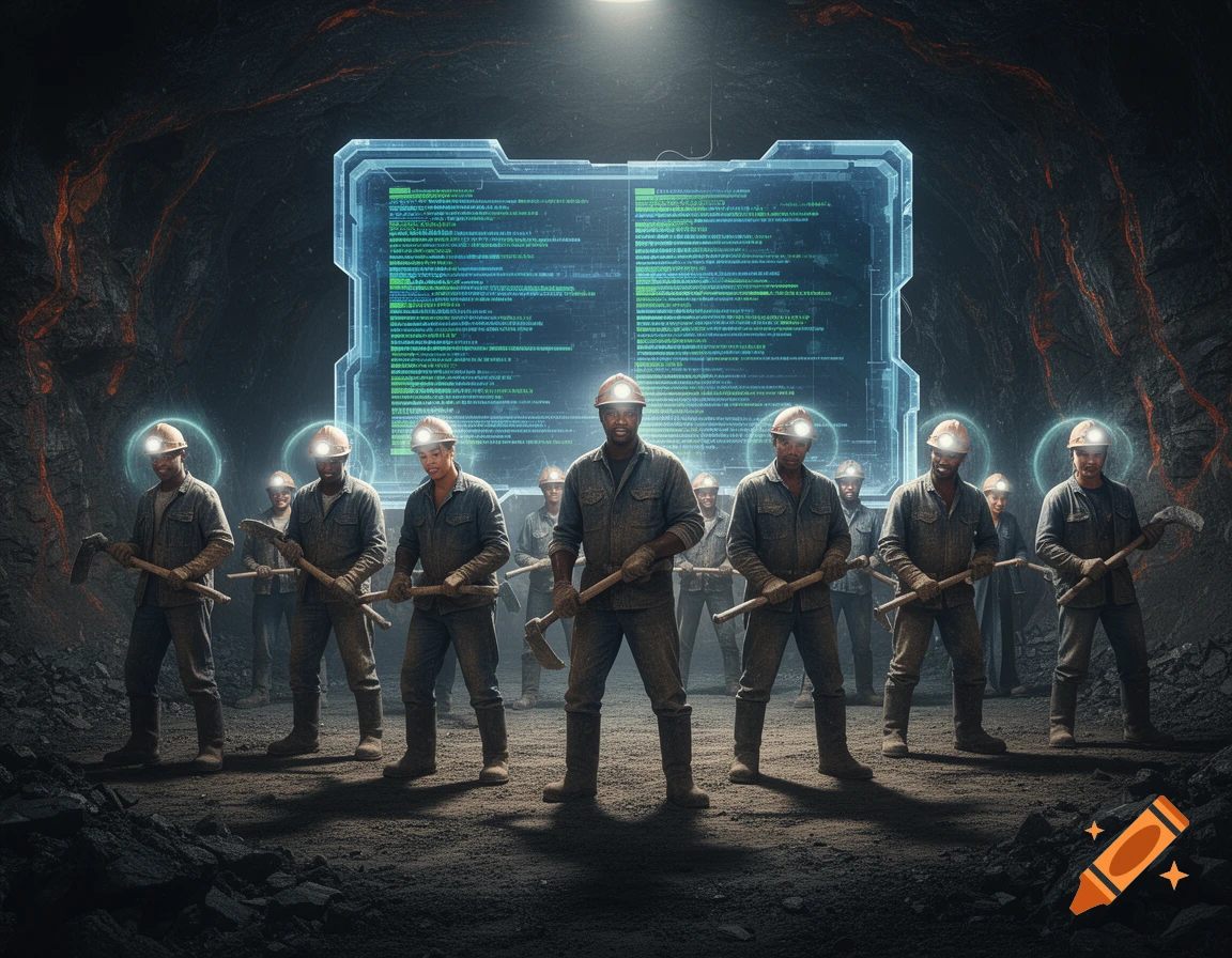Miners in hard hats with picks stand before a large glowing holographic screen displaying code in a dark, rocky mine. Photorealistic.