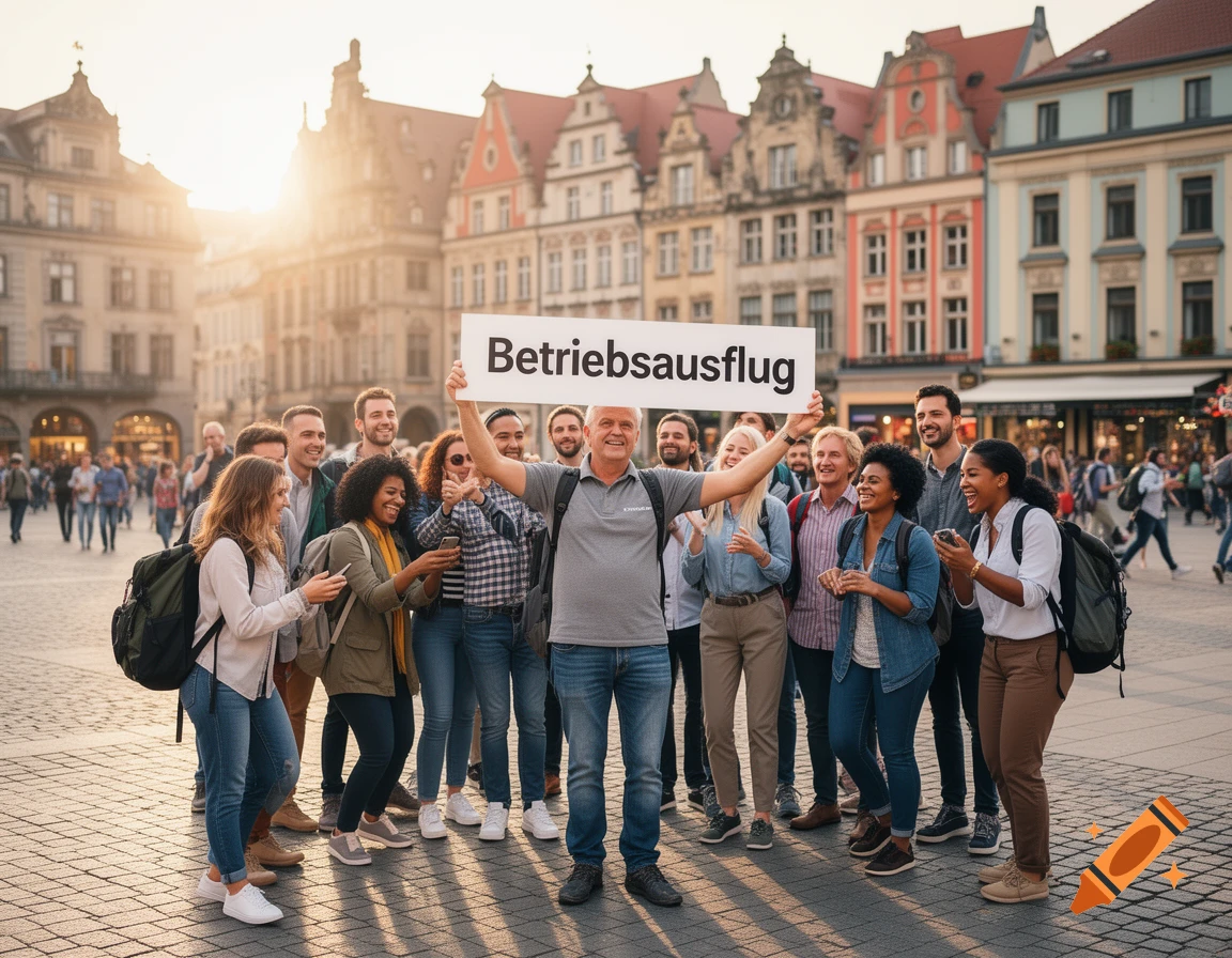 A diverse group of smiling adults on a city square holds a sign reading "Betriebsausflug" (company outing) under the warm sunset.