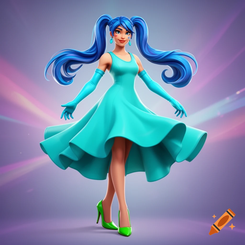 Stylized female character with blue pigtails, turquoise dress, cyan gloves, and green heels twirling on a gradient background.