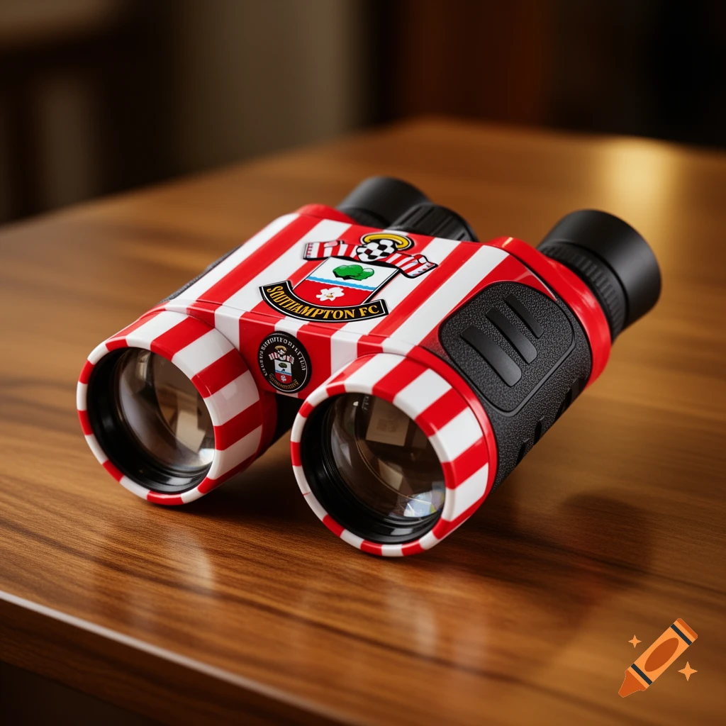 Red and white striped Southampton FC binoculars with the club's logo resting on a wooden table, photorealistic.
