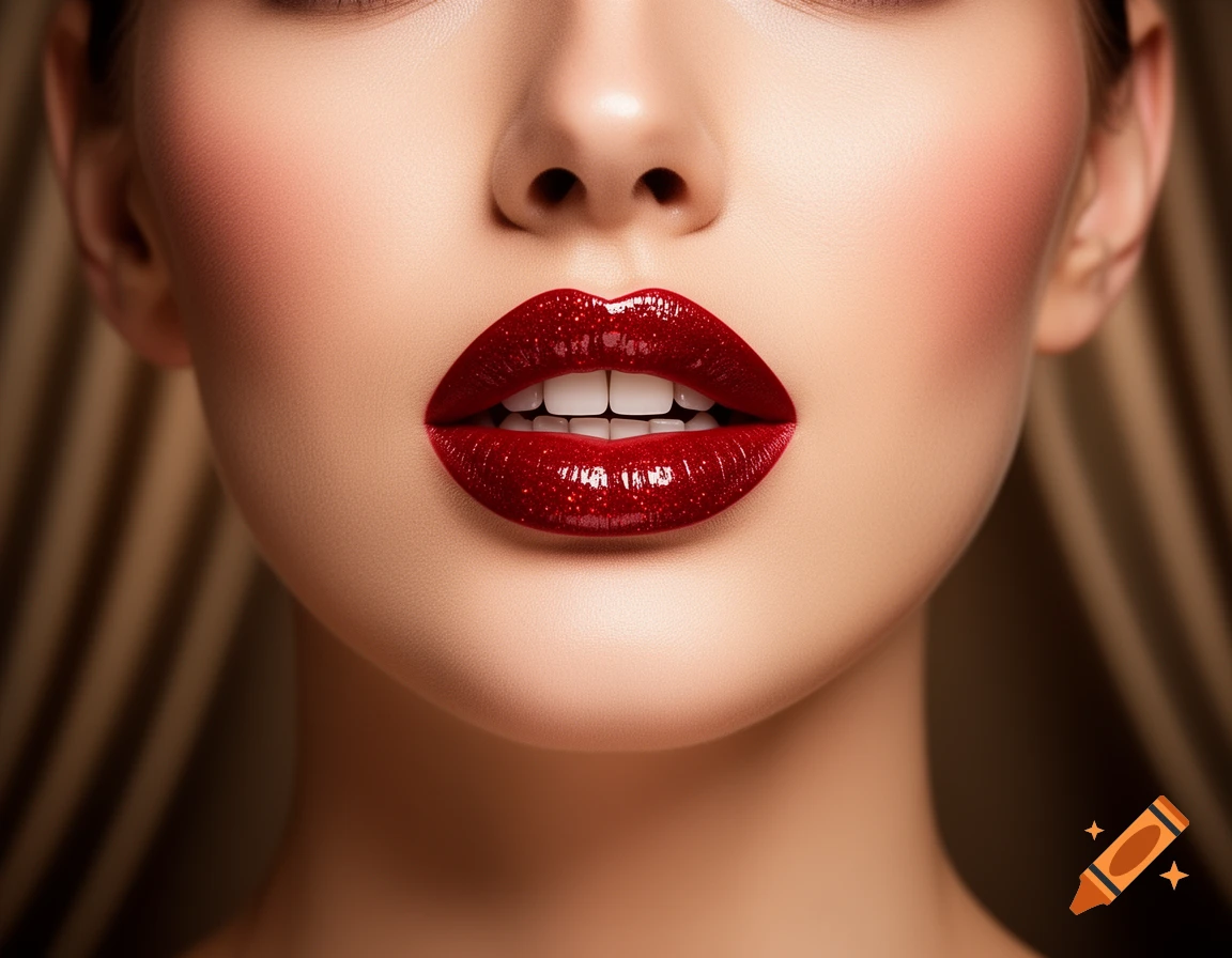 Close-up, photorealistic shot of a woman's mouth with shimmering red lipstick, slightly open to reveal white teeth.