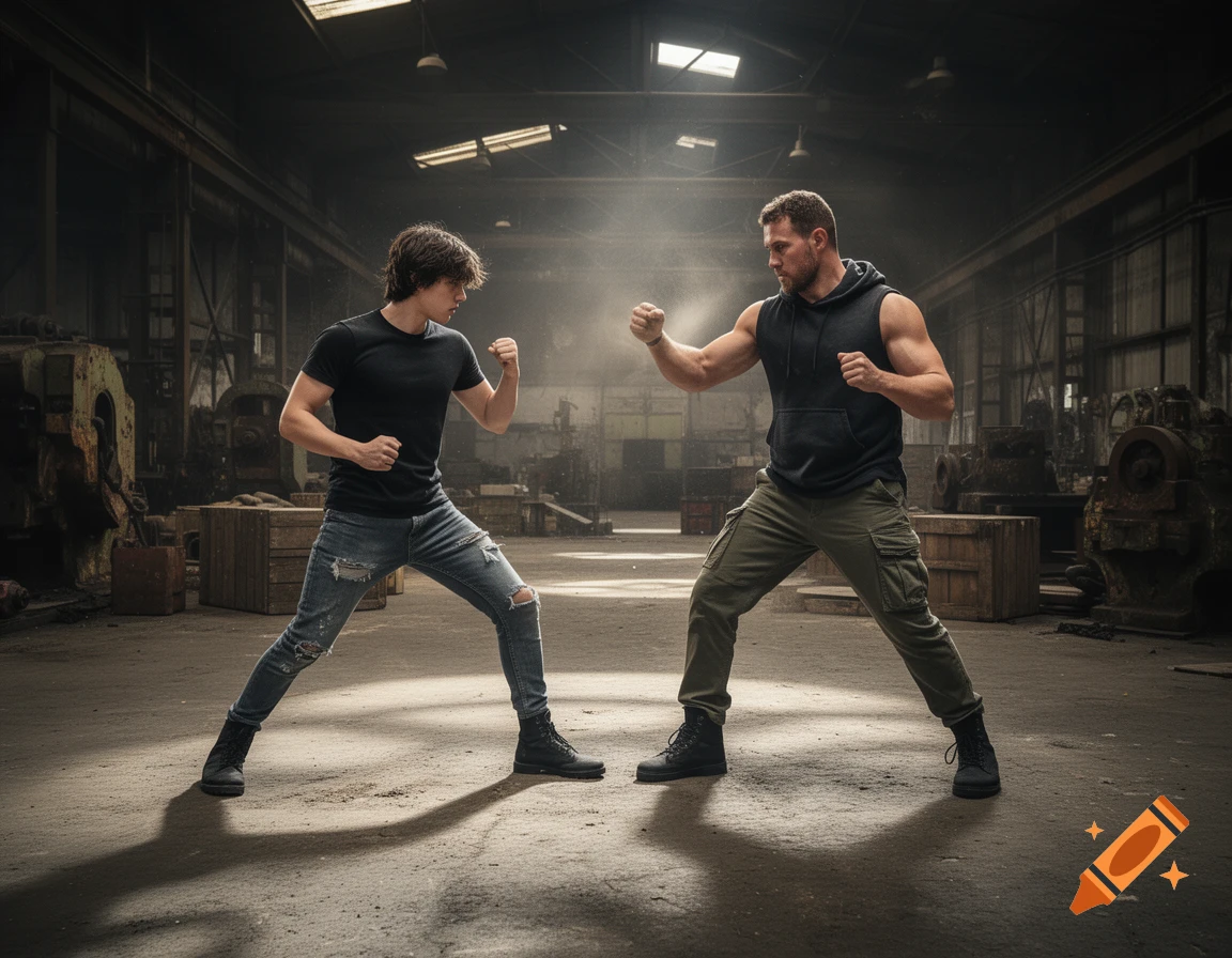 Two men in fighting stances face each other in a dusty, dimly lit industrial warehouse, photorealistic style.