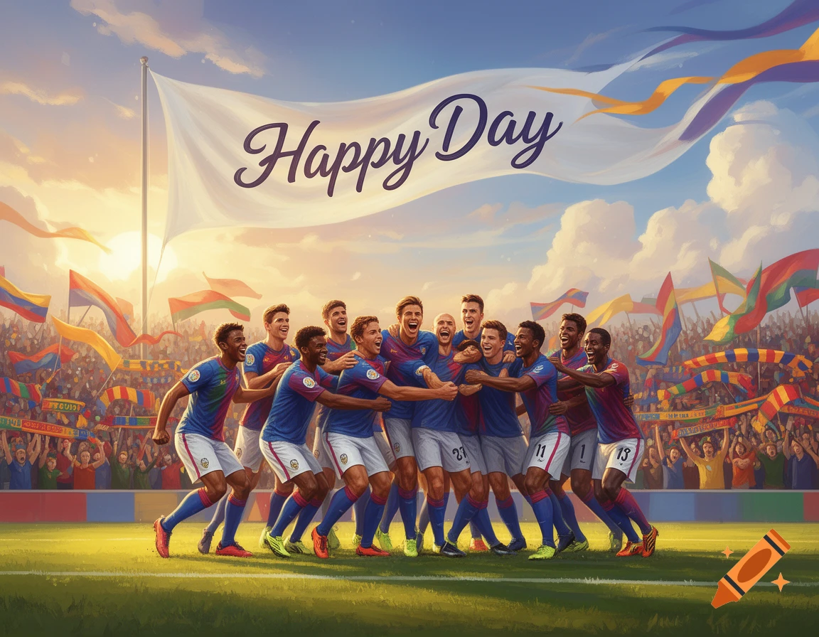 Happy football players celebrate on a field with a 'Happy Day' banner overhead, and a cheering crowd in an illustration style.