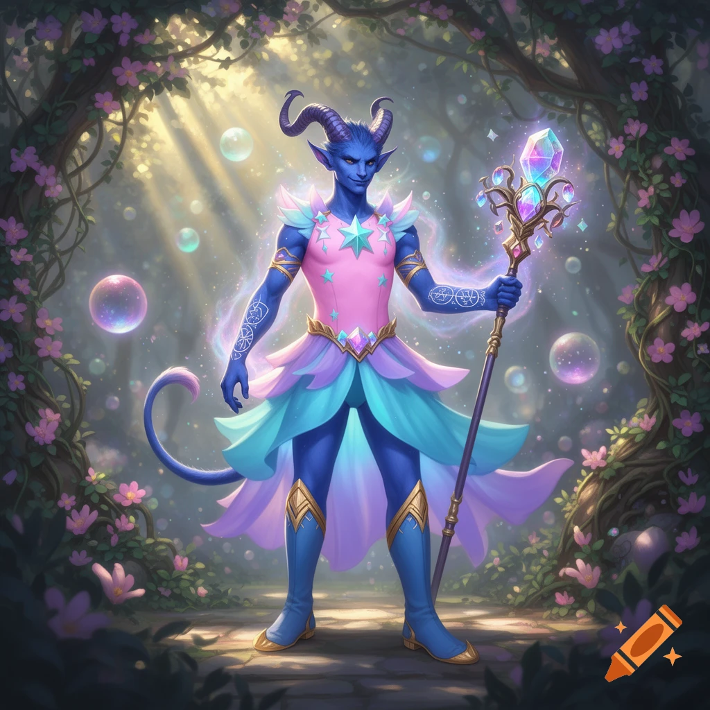 A blue-skinned tiefling sorcerer in a pink, blue, and purple ruffled magic girl dress, holding a crystal staff in a sunlit, flower-laden forest with floating bubbles.