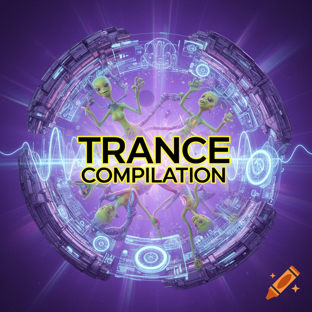 Y2K-style album cover with green aliens dancing around a glowing sci-fi orb, with the text 'TRANCE COMPILATION' in a purple environment.